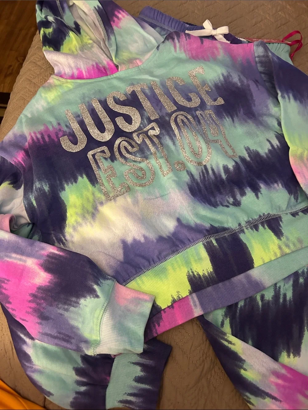 Justice Girls Tie-Dye Cropped Hoodie in Mint, Navy, Pink & Lime Size M(10)